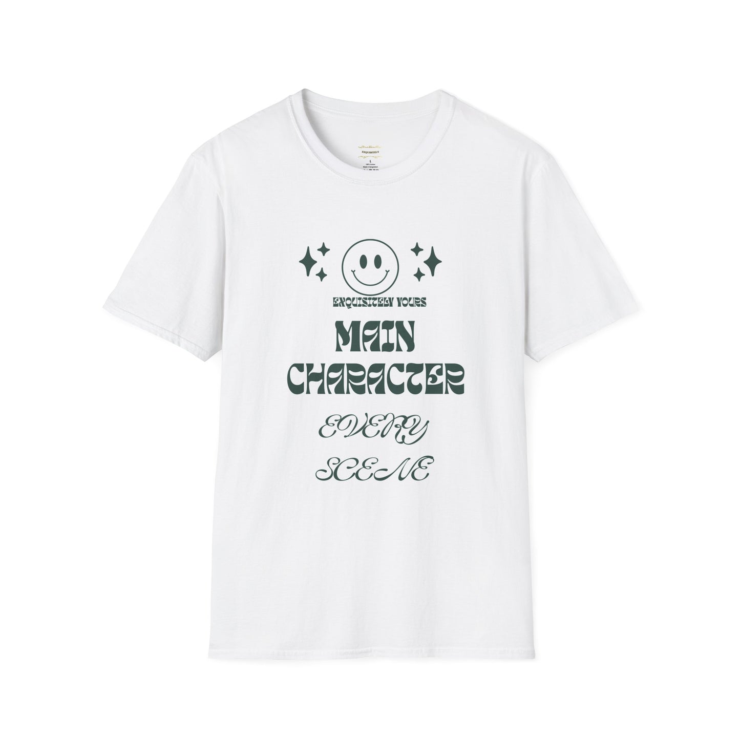 Personalised, Unisex Soft style T-Shirt, White colour Cotton T -shirt. Main character moment slogan. Front view 