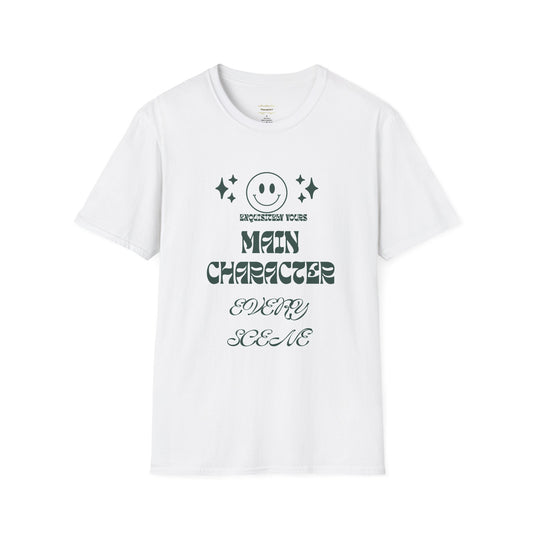 Personalised, Unisex Soft style T-Shirt, White colour Cotton T -shirt. Main character moment slogan. Front view 