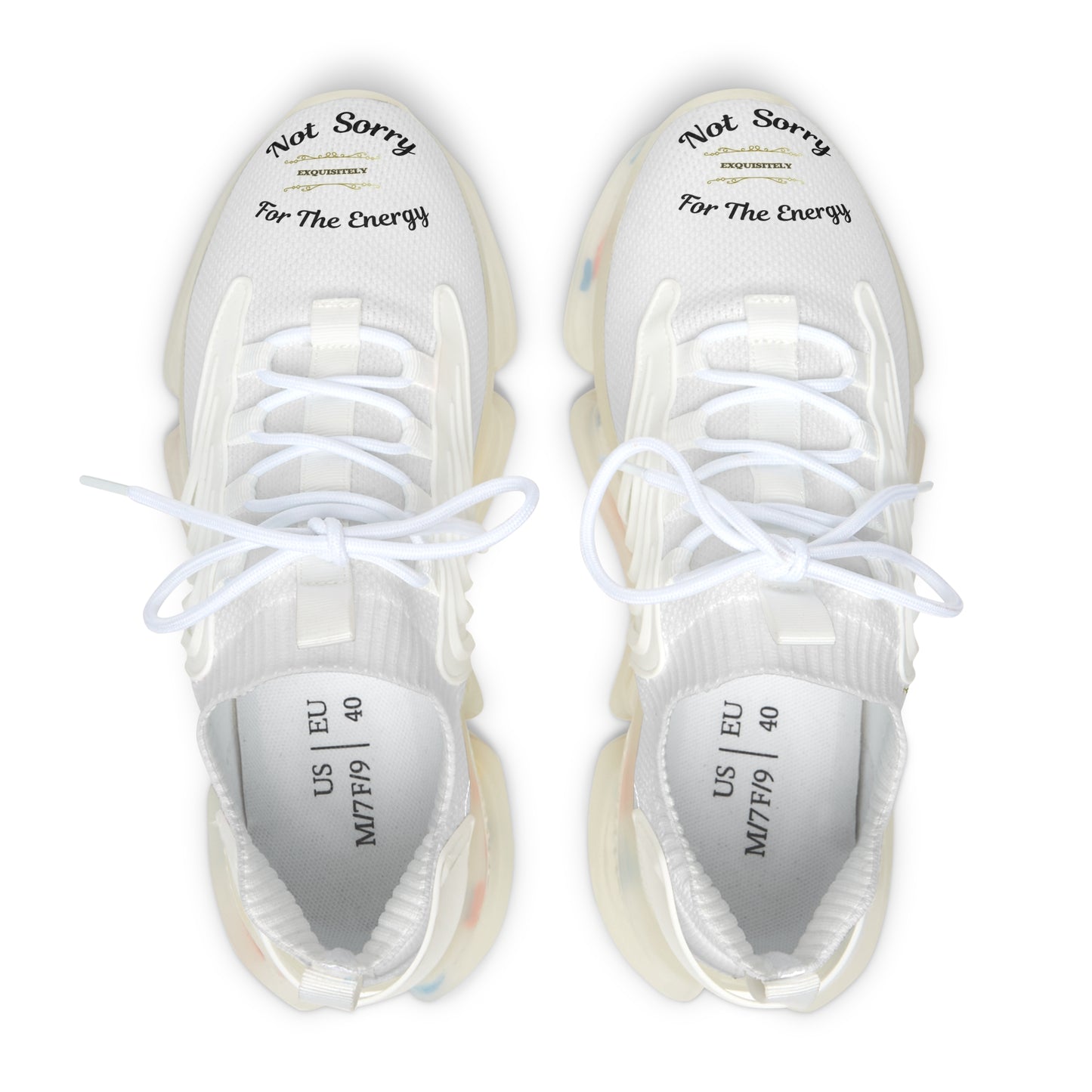 White sneakers with text on a white background