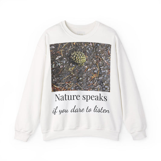 White Sweatshirt with text and image on a white background