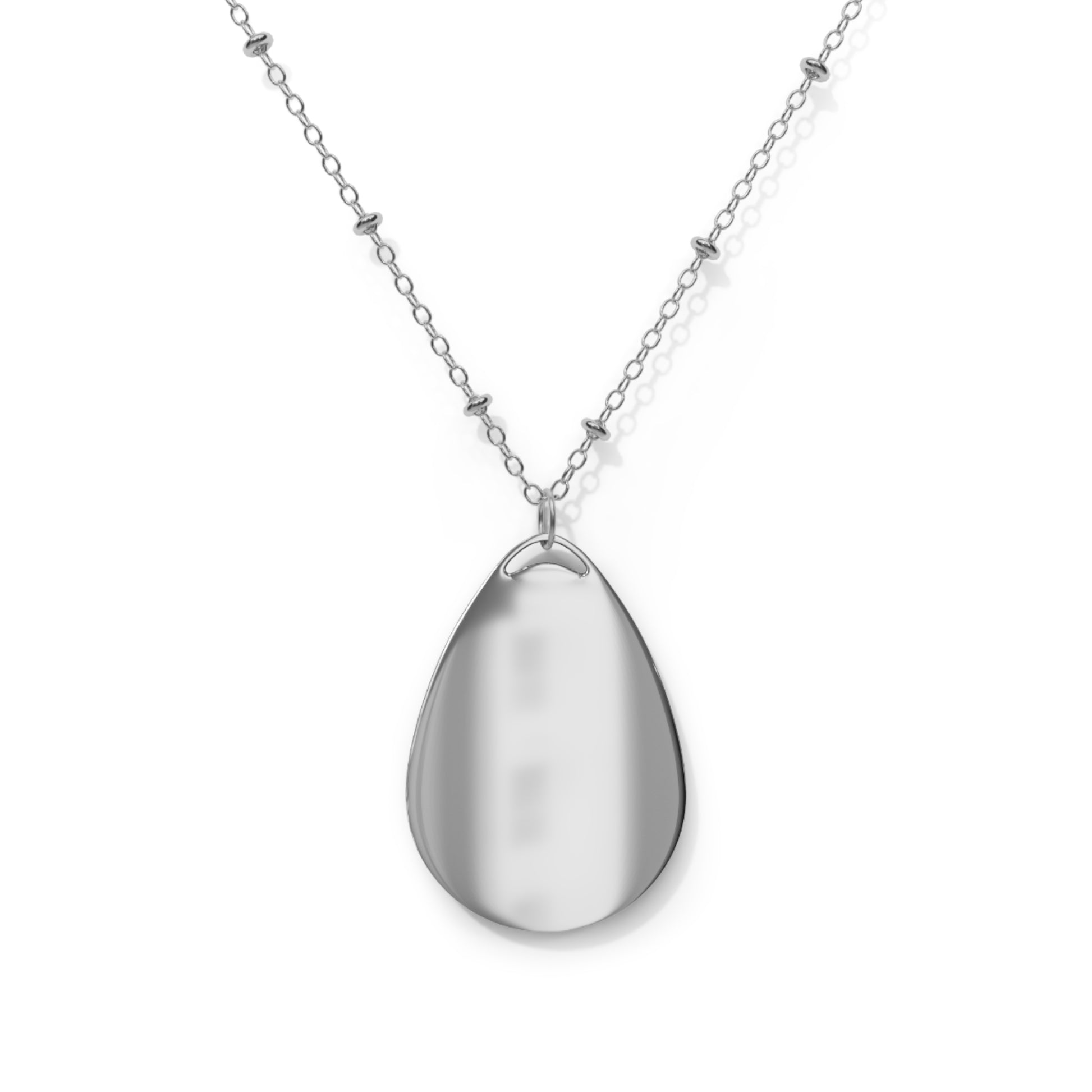 Silver teardrop pendant necklace on a white background