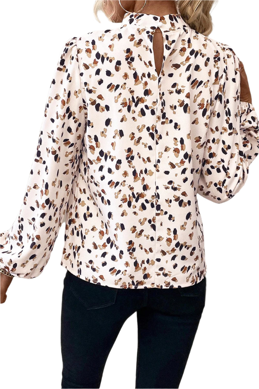 White Leopard Print Sleeve Mock Neck Blouse, back side view