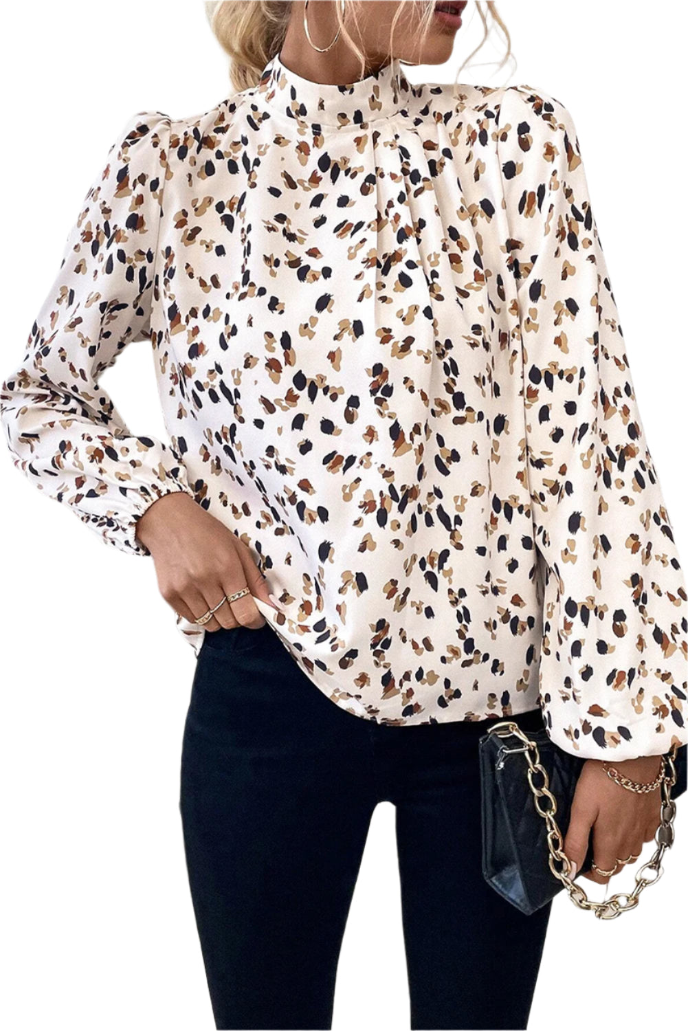 White Leopard Print Sleeve Mock Neck Blouse, Front close view garment
