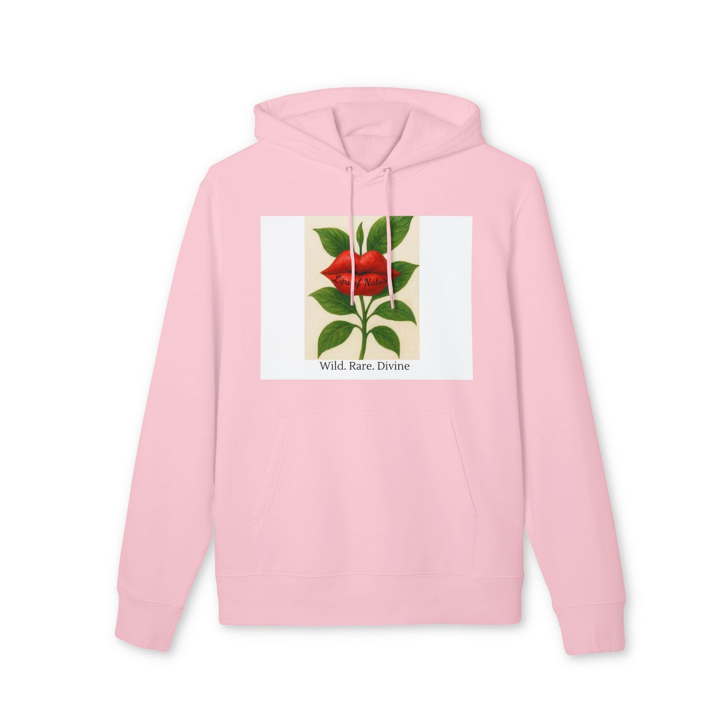 Pink hoodie with a graphic of a red rose and text on a white background