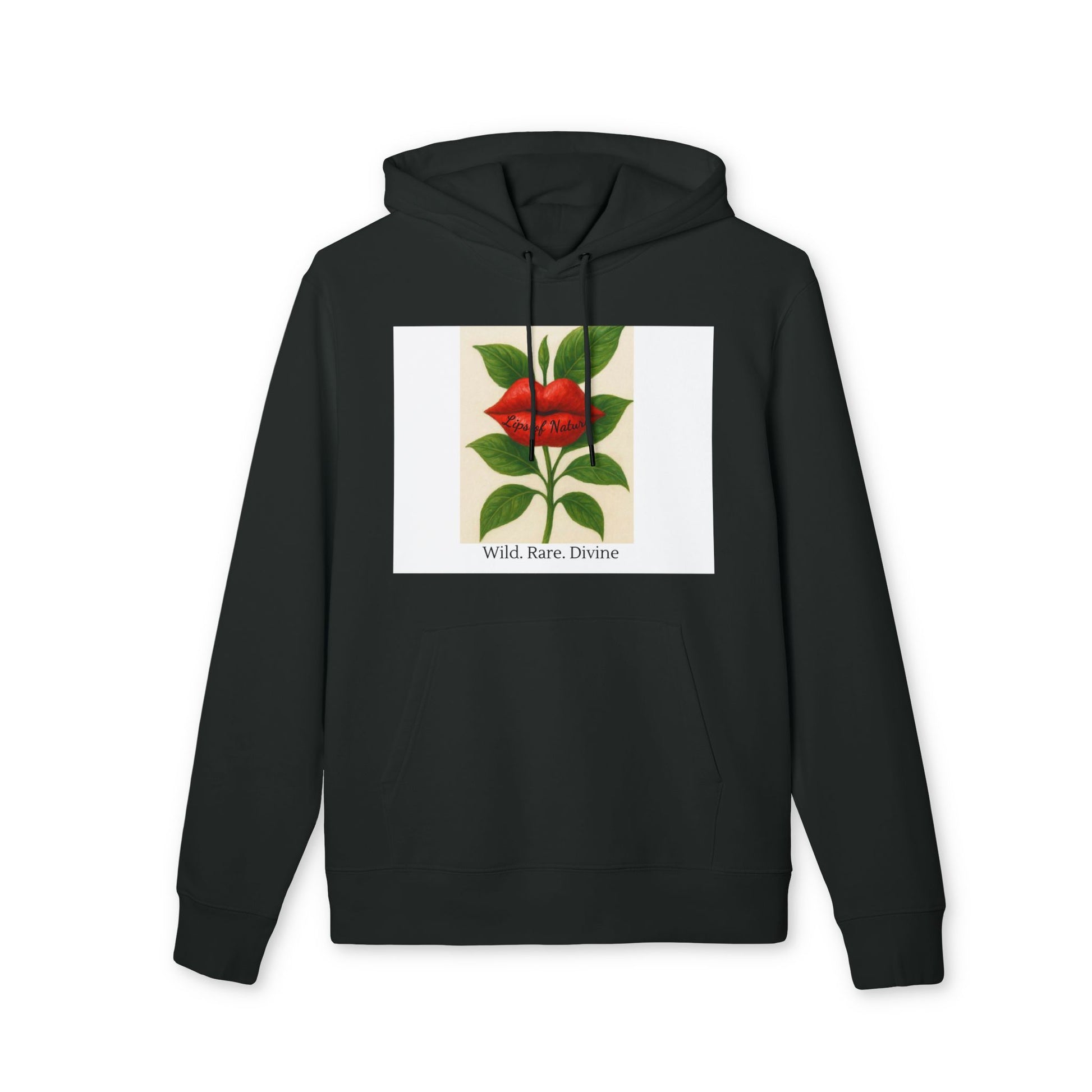 Black hoodie with a graphic of a red flower and green leaves on a white background