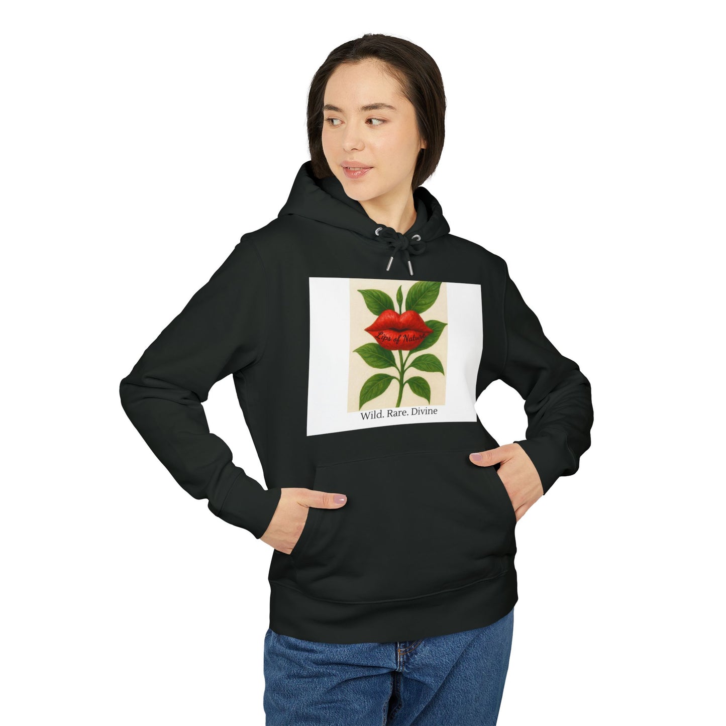 Person wearing a black hoodie with a rose graphic and text on a white background
