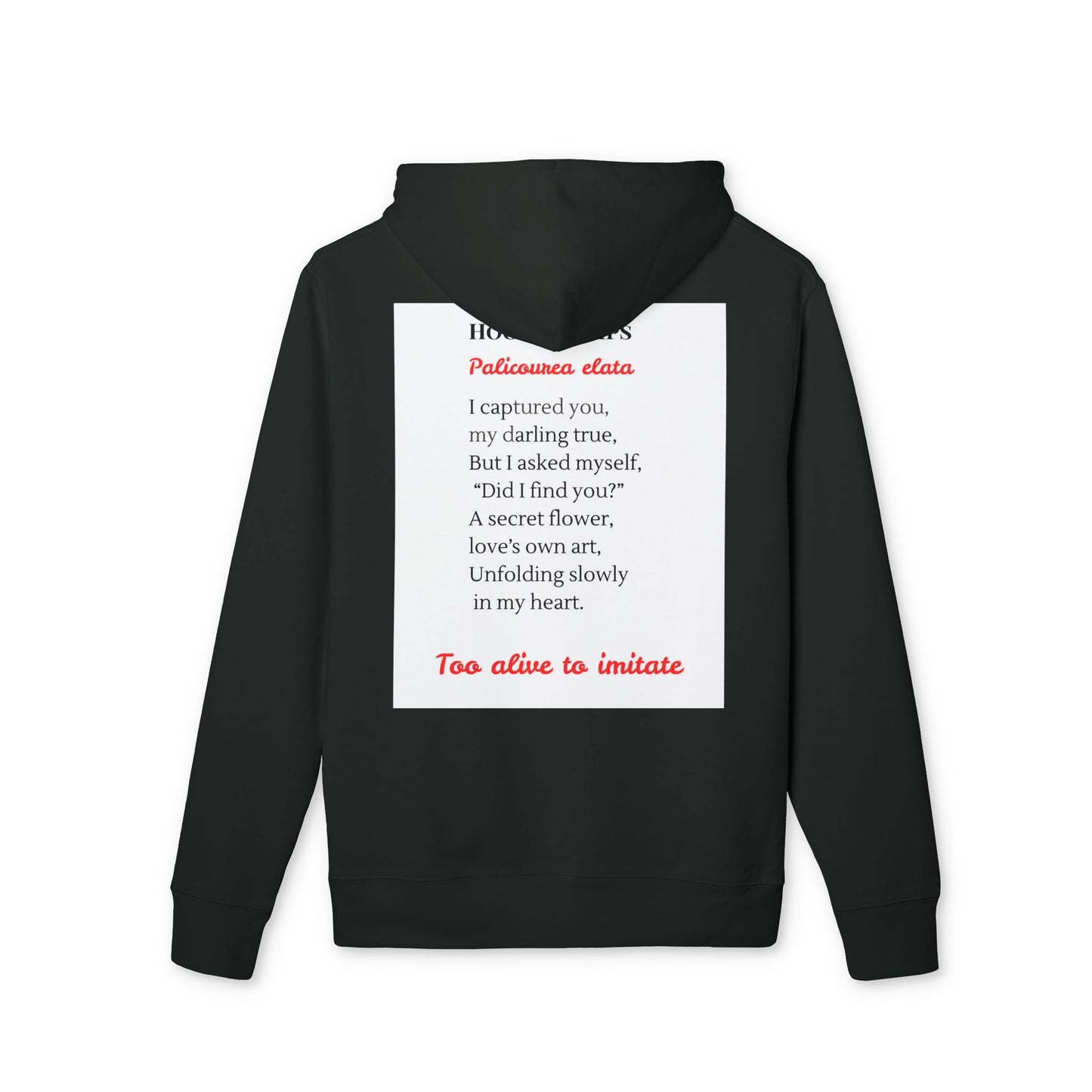 Black hoodie with a white patch displaying text on the back