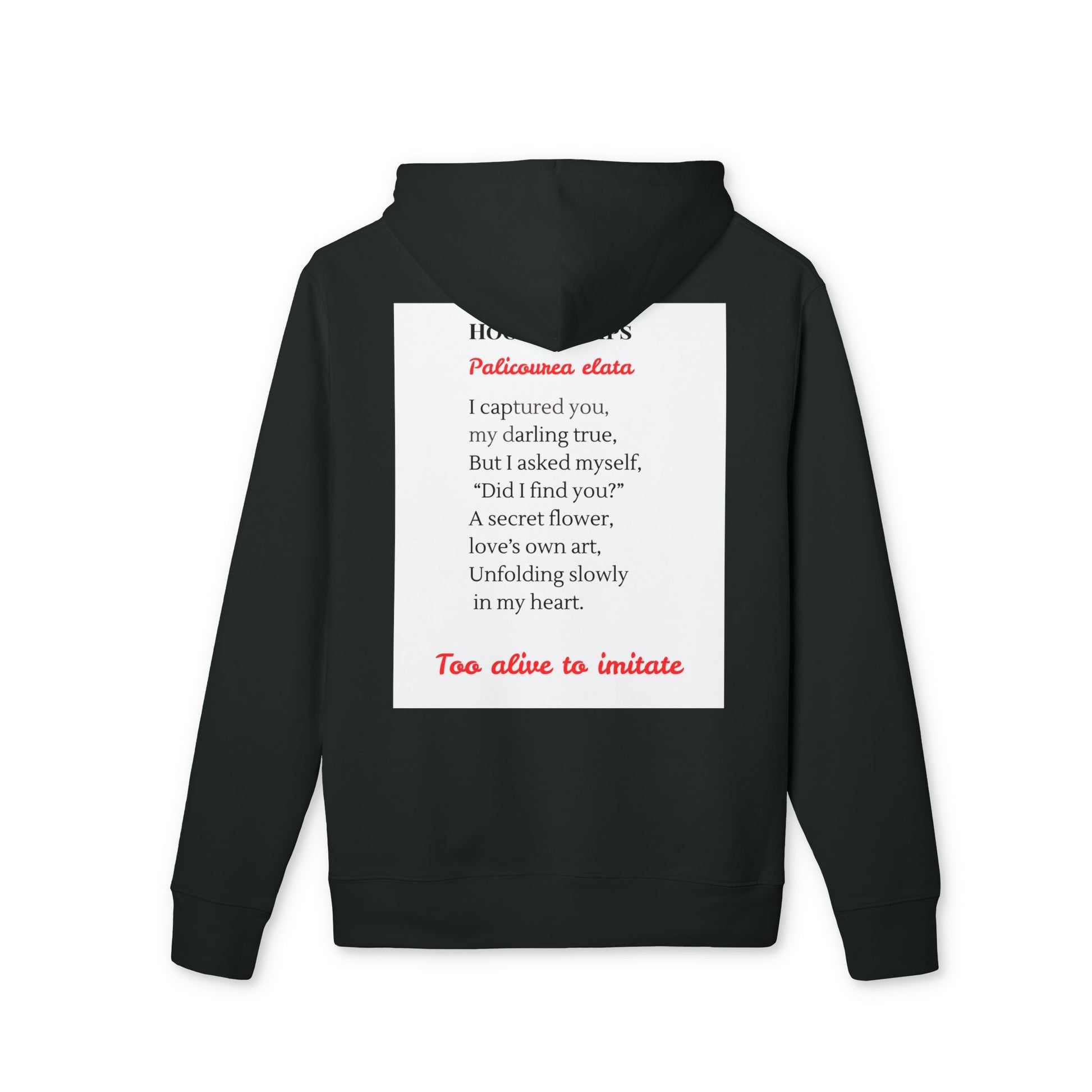 Black hoodie with a white patch displaying text on the back