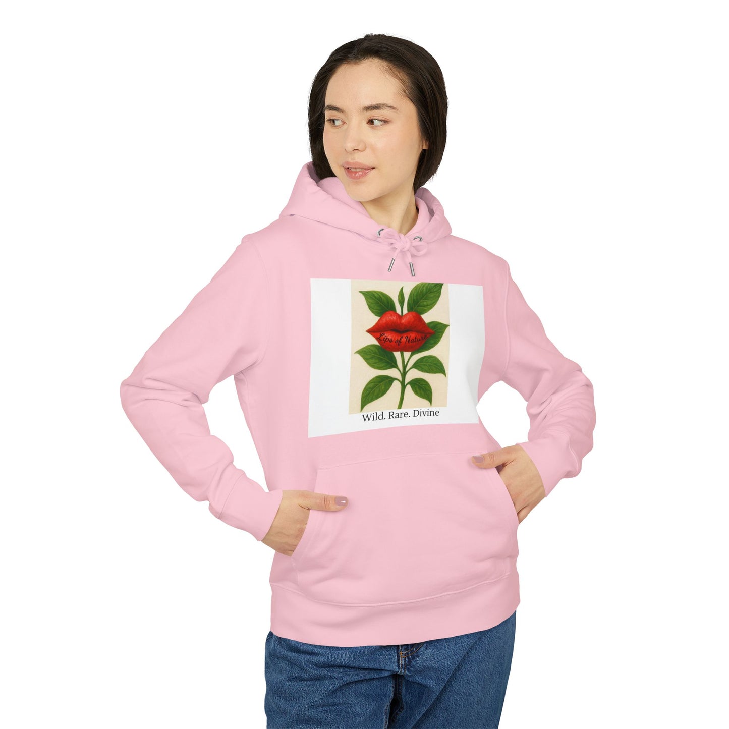 Person wearing a pink hoodie with a graphic of a red flower and text on a white background