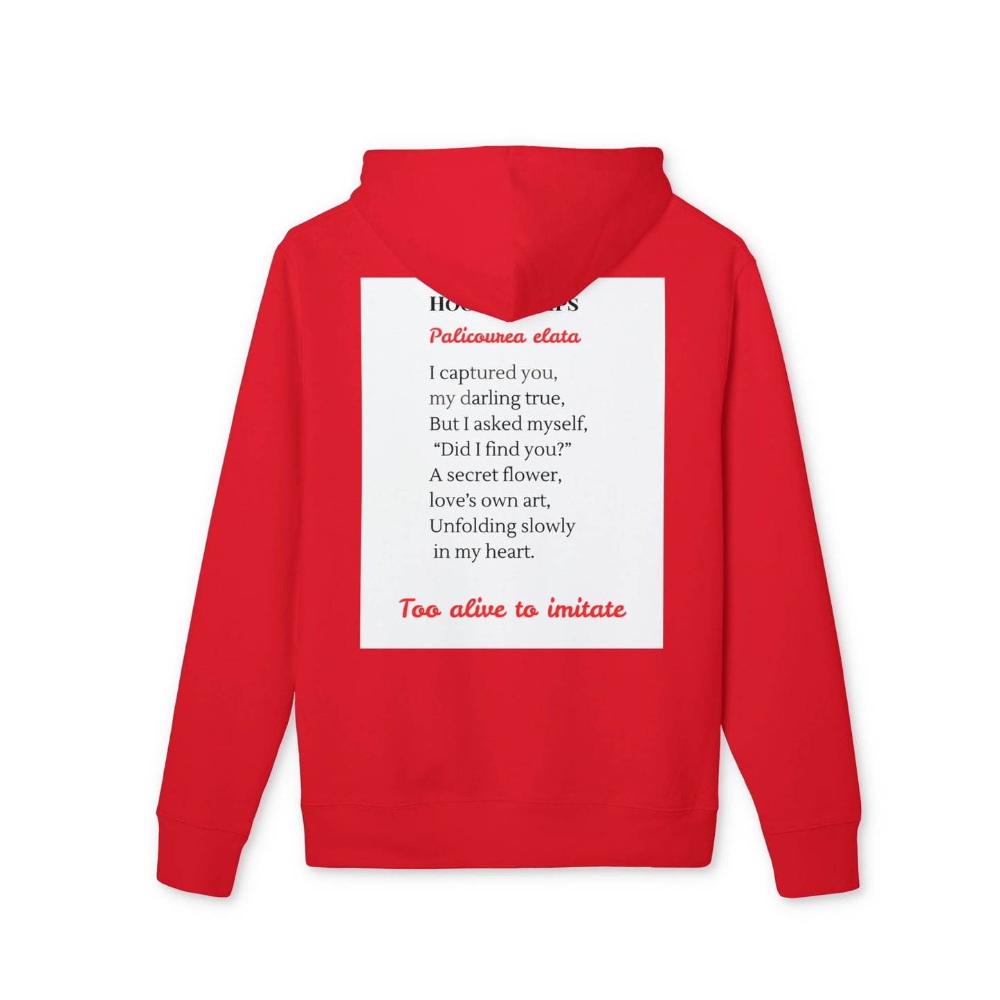 Red hoodie with text on the back against a white background