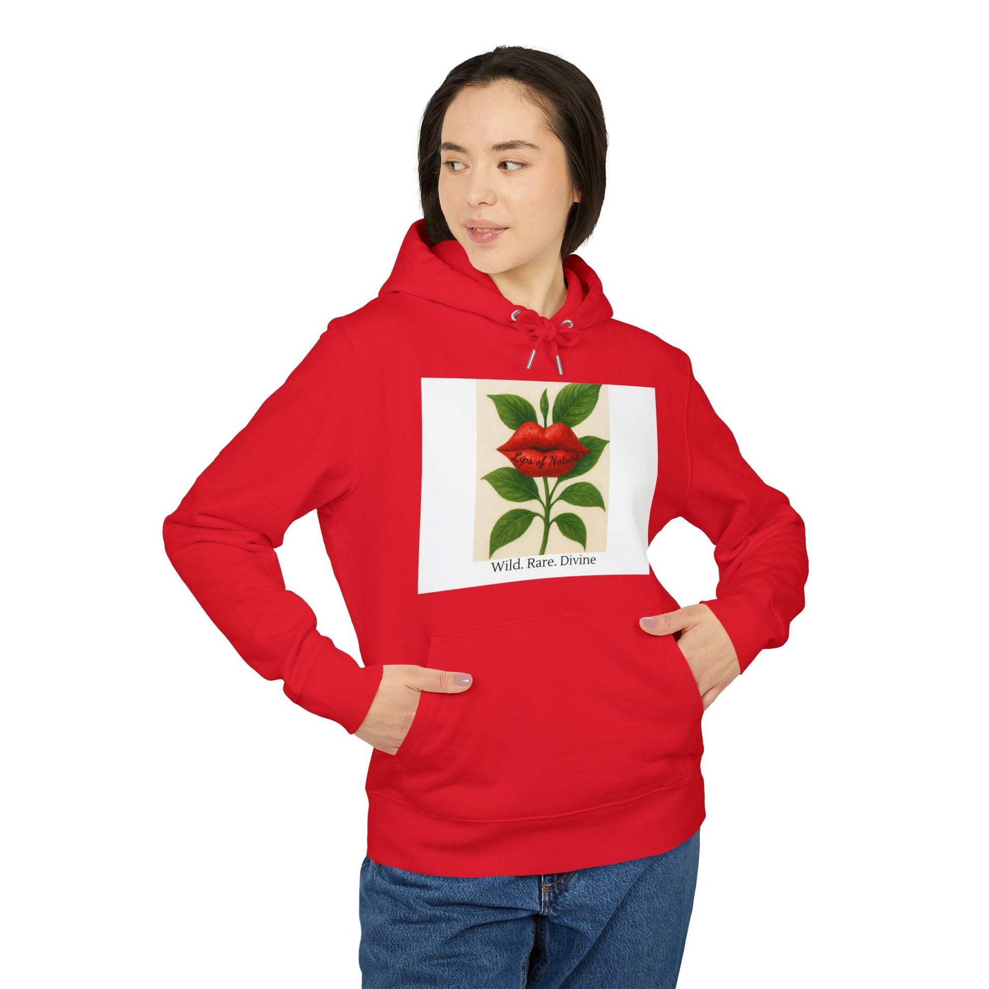 Person wearing a red hoodie with a graphic of a rose and text on a white background