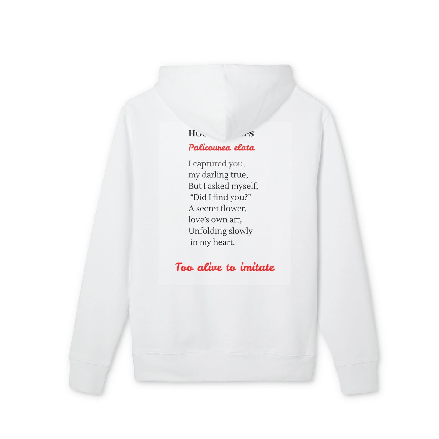 White hoodie with text on the back against a white background