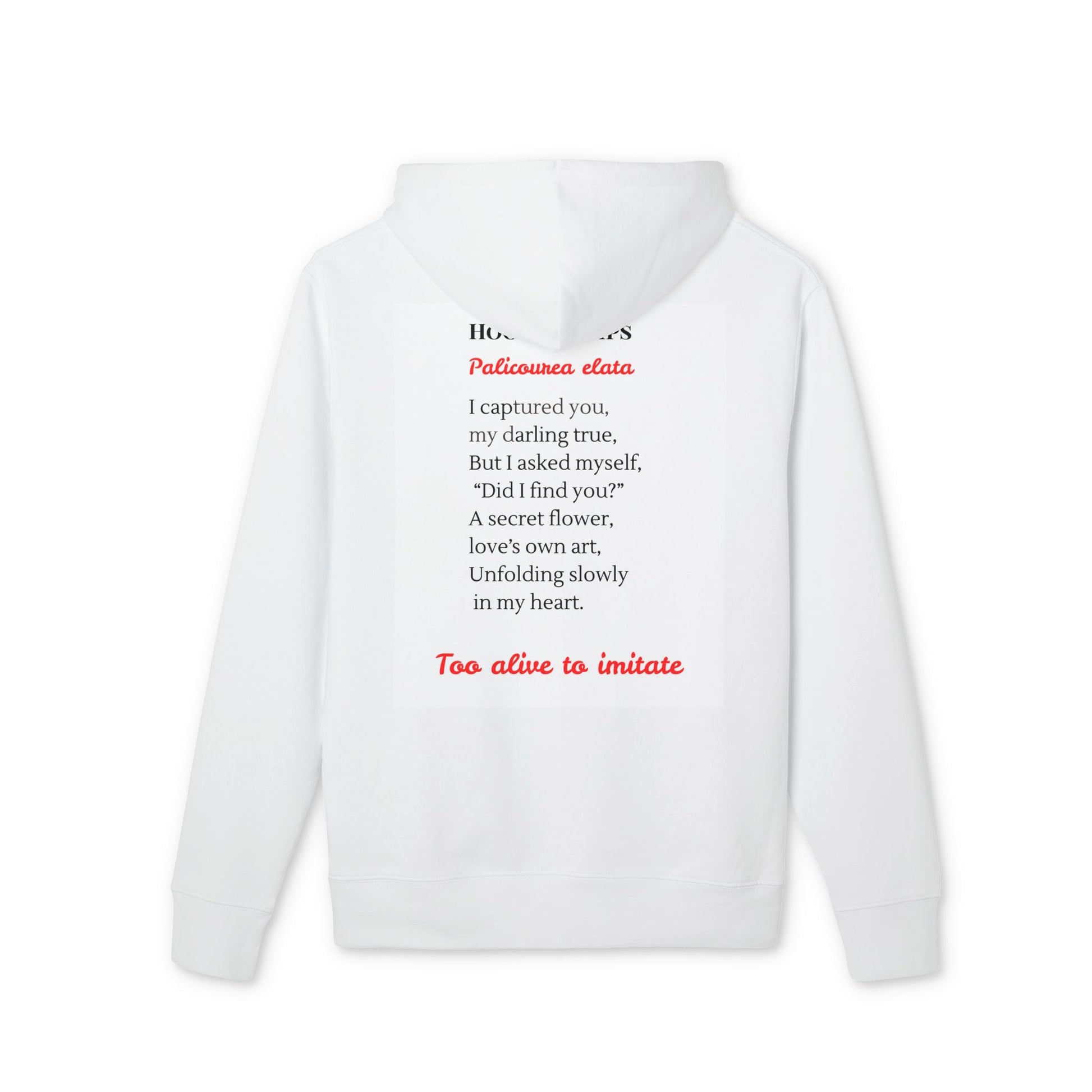 White hoodie with text on the back against a white background