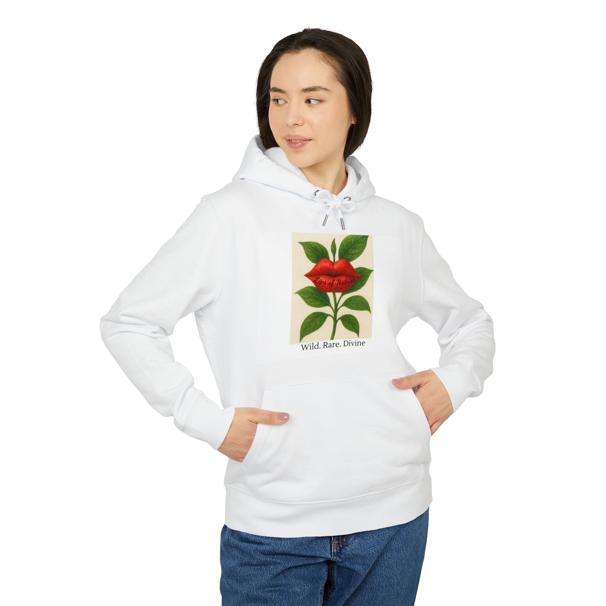 Person wearing a white hoodie with a graphic design of a red rose and text on a white background