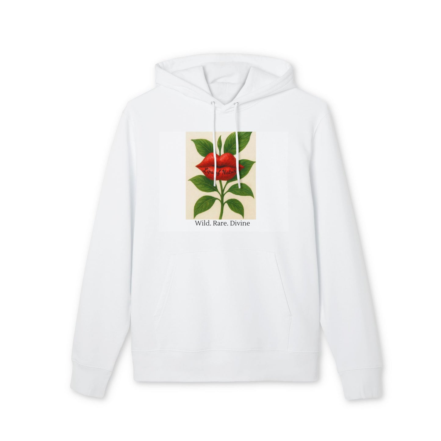 White hoodie with a graphic of a red flower and text on a white background