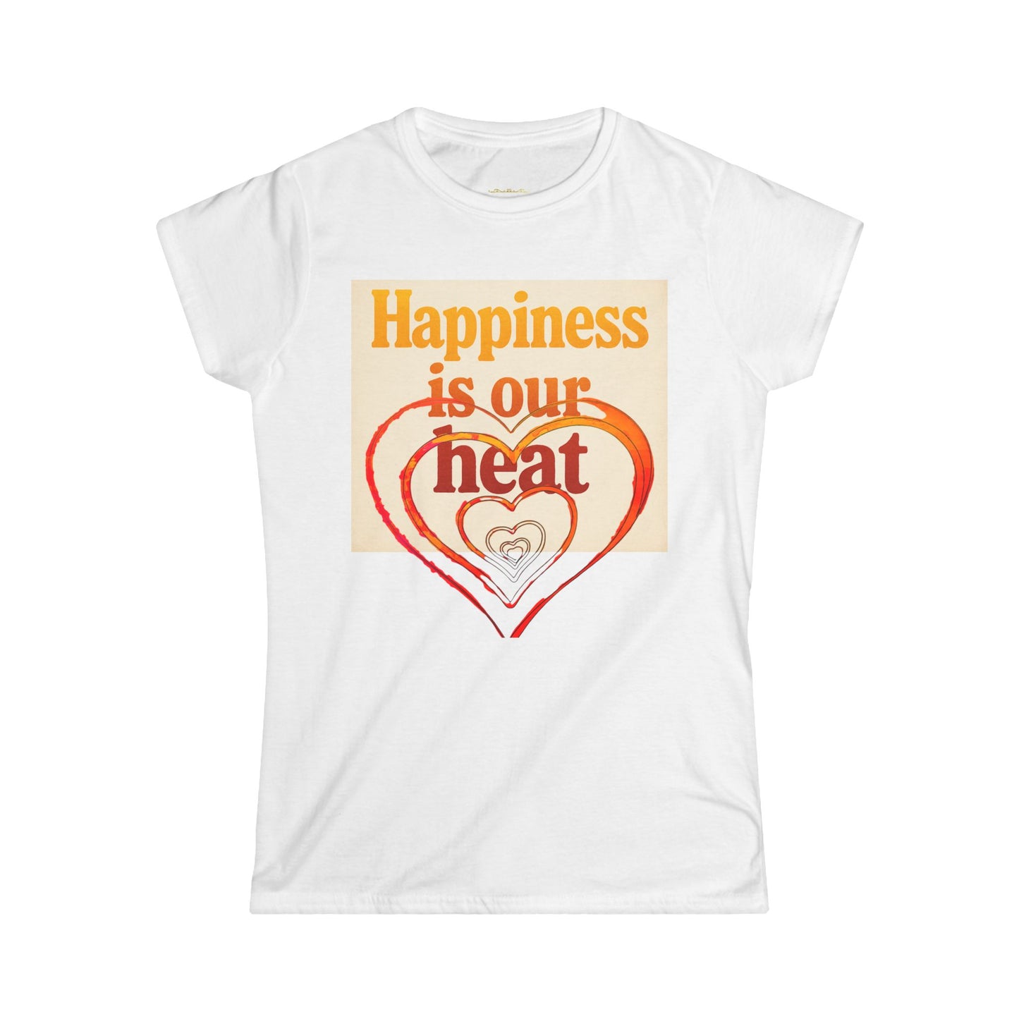 White t-shirt with 'Happiness is our heart' design on a white background