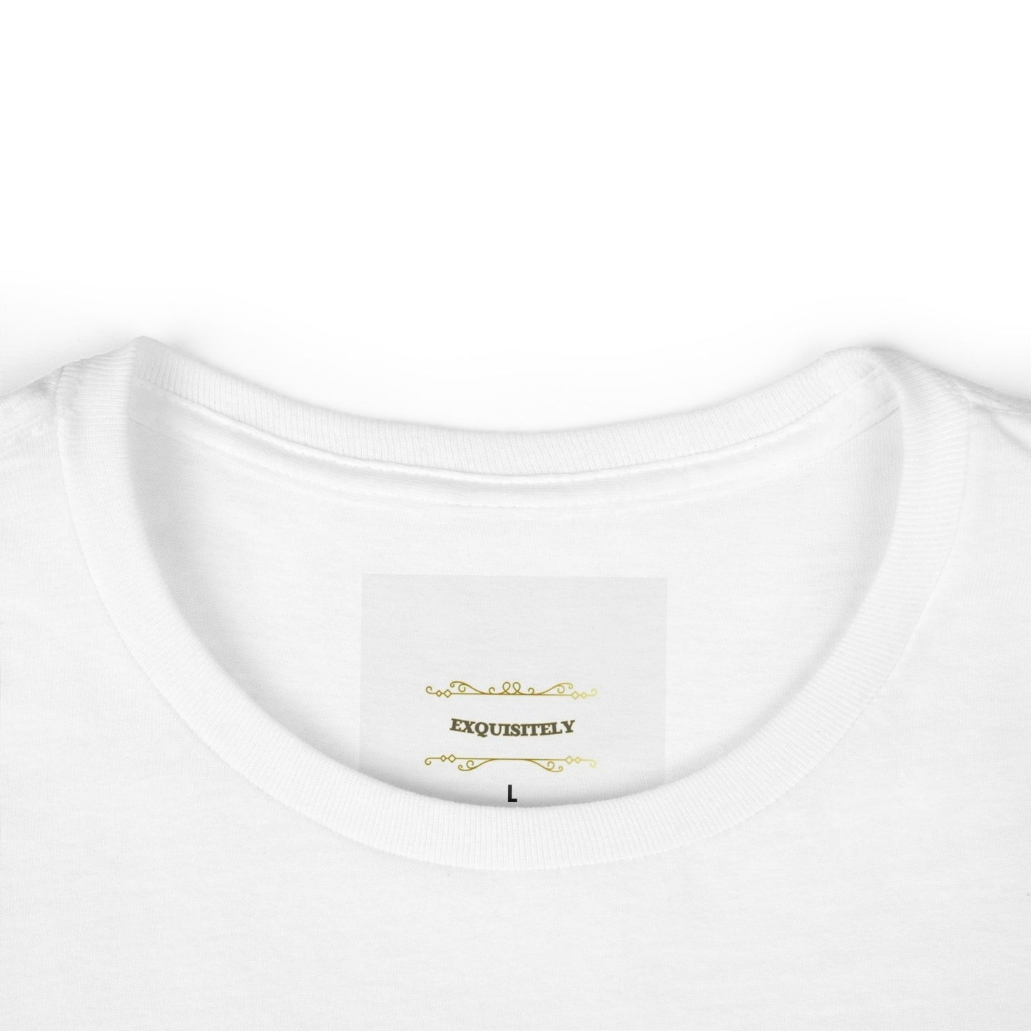 White t-shirt with gold text on a white background
